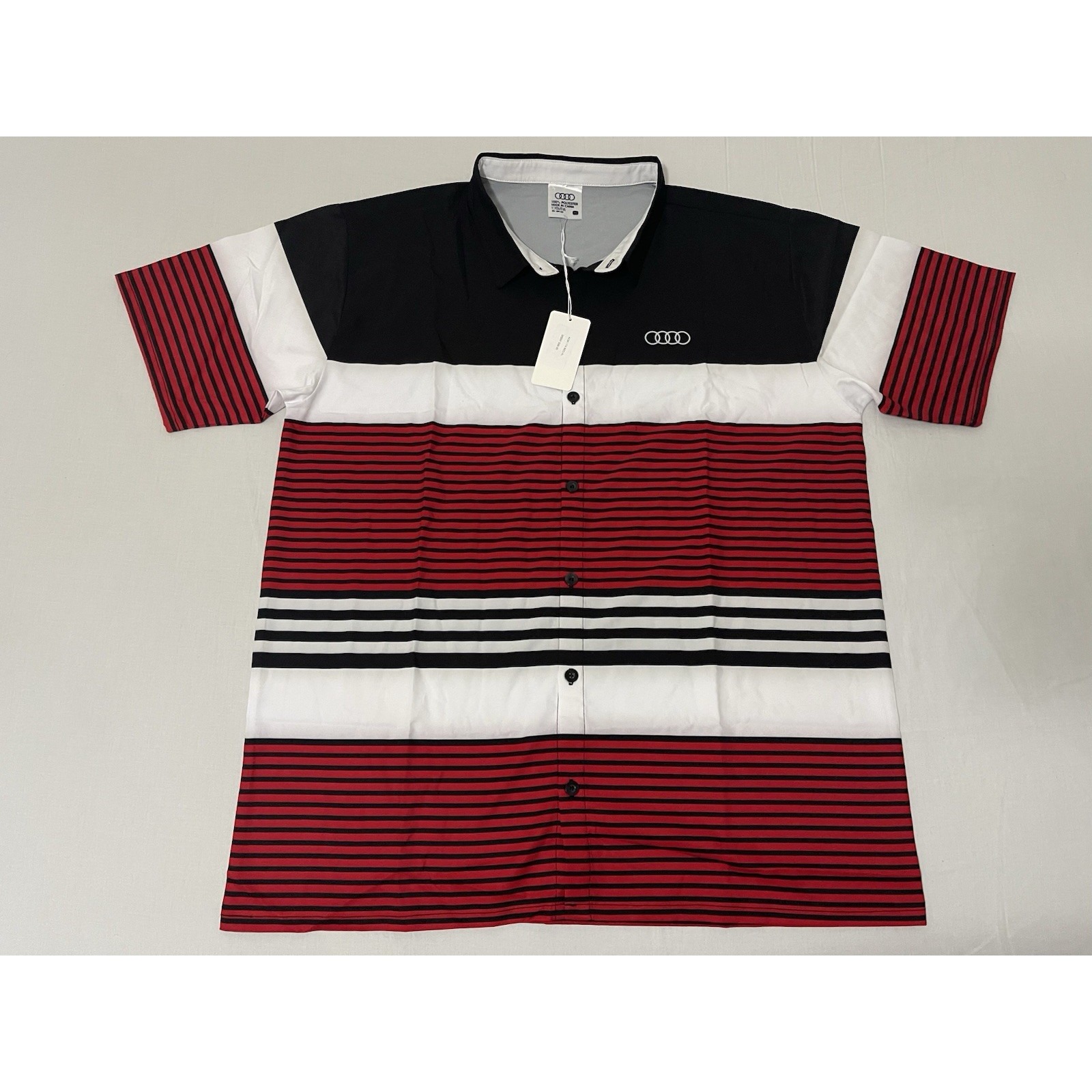 Nwt Audi Logo Button Up Short Sleeve Shirt Men's Xl Red Black White Striped